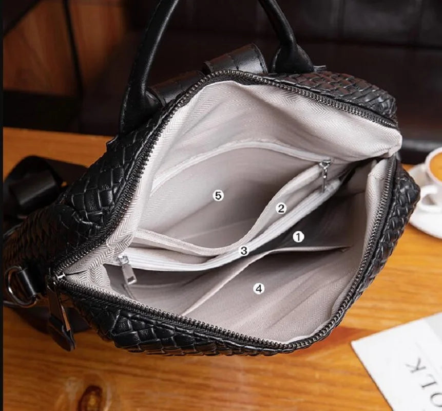 Fashion High Quality Woven Soft Leather Backpack Women Large Capacity Travel Bag