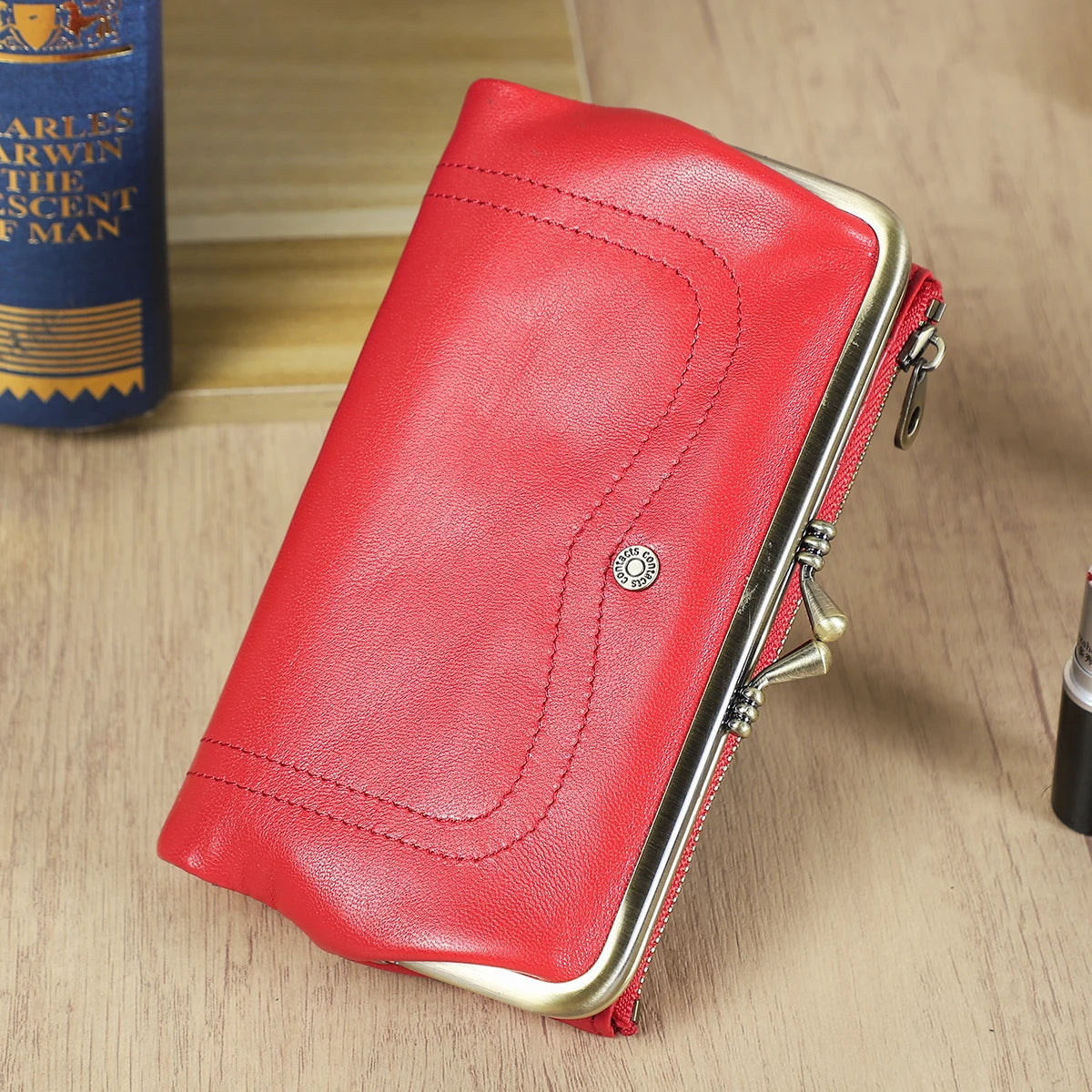 Genuine Leather Kiss Lock Long Wallets for Women Metal Frame Female Purse Card Holder
