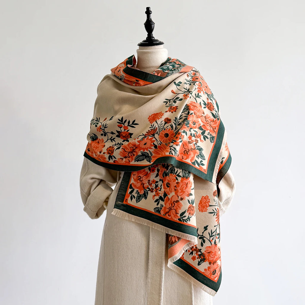 Women's Winter Warm Cashmere Shawl Flower Printed Scarf