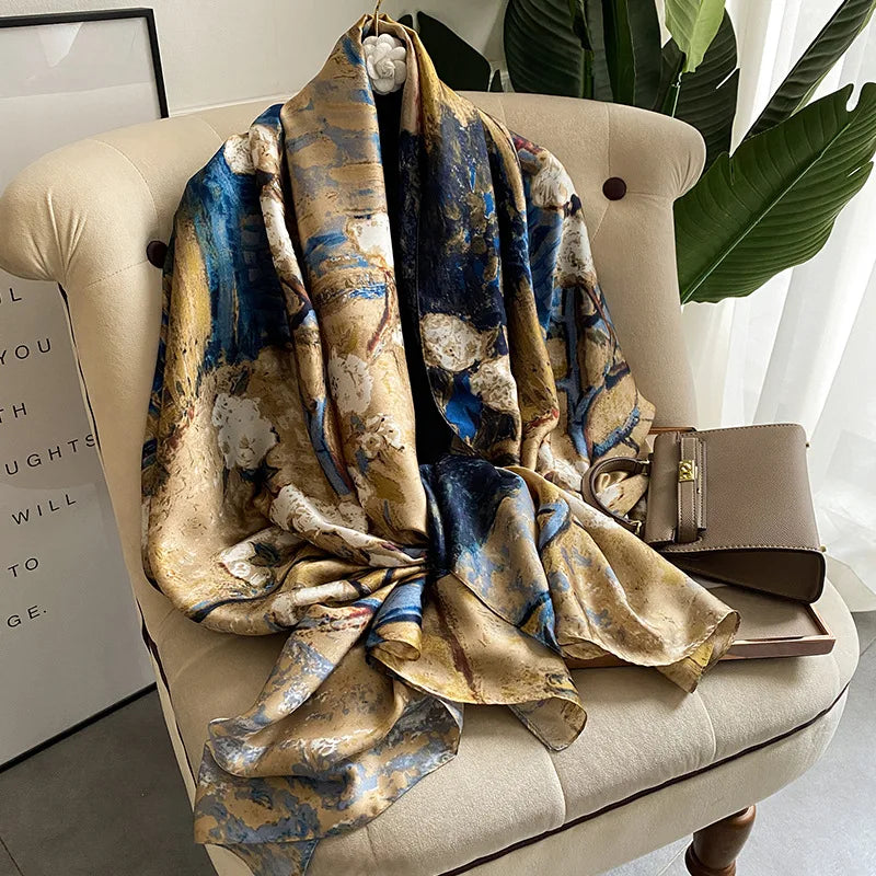 180*90cm Large Silk Satin Scarf Hijab Women Print Shawl