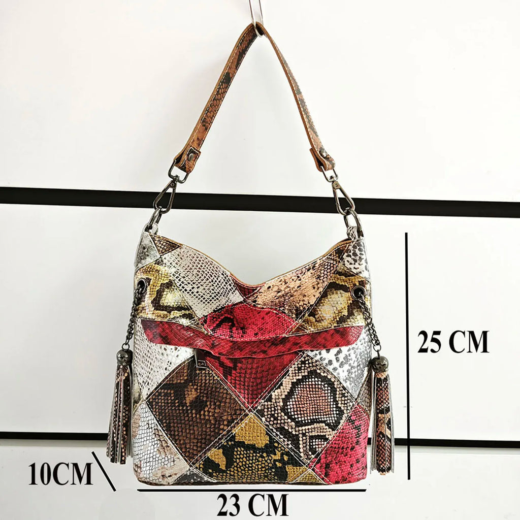 Snake Patchwork Design Handbag Genuine Leather Bucket Bag