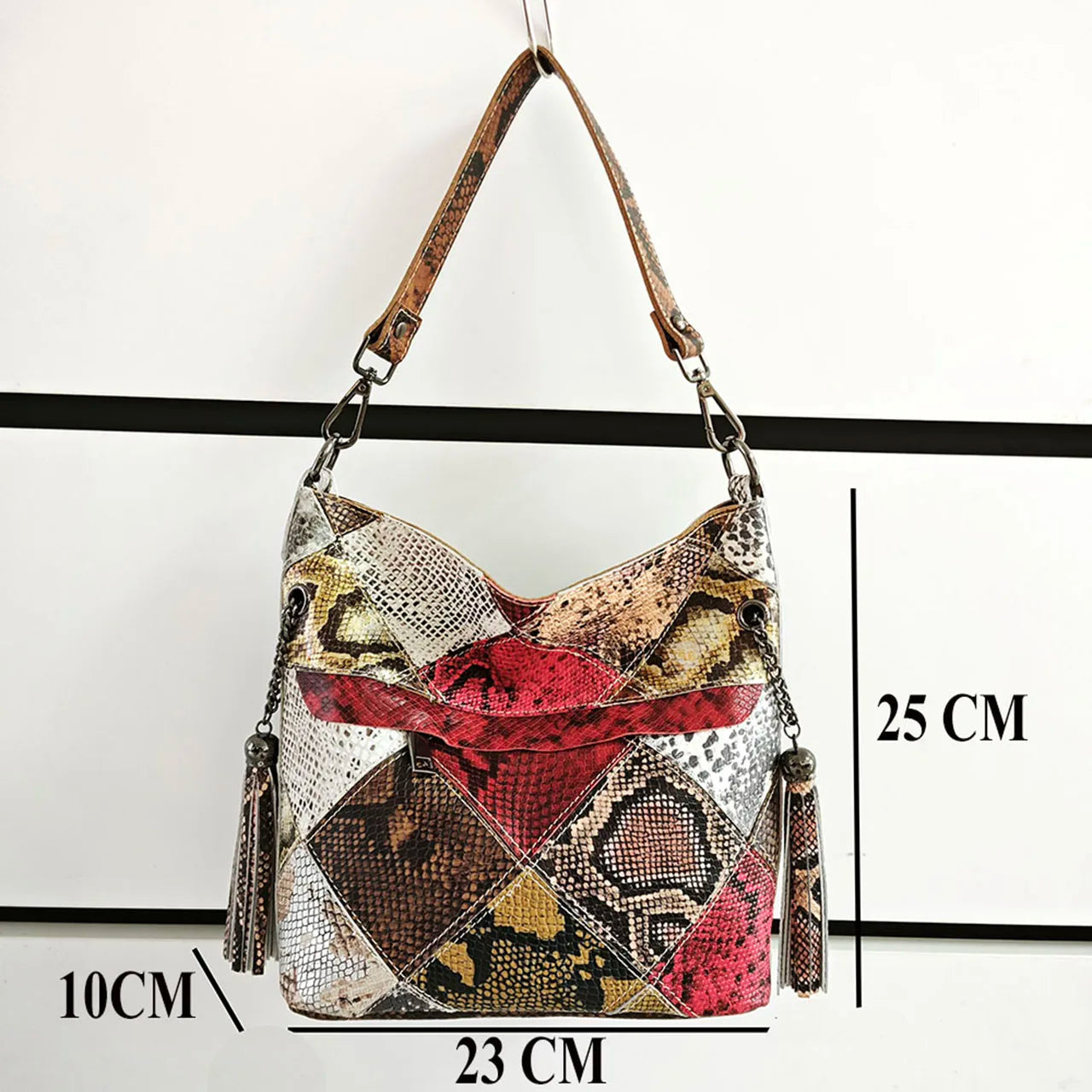 Snake Patchwork Design Handbag Genuine Leather Bucket Bag