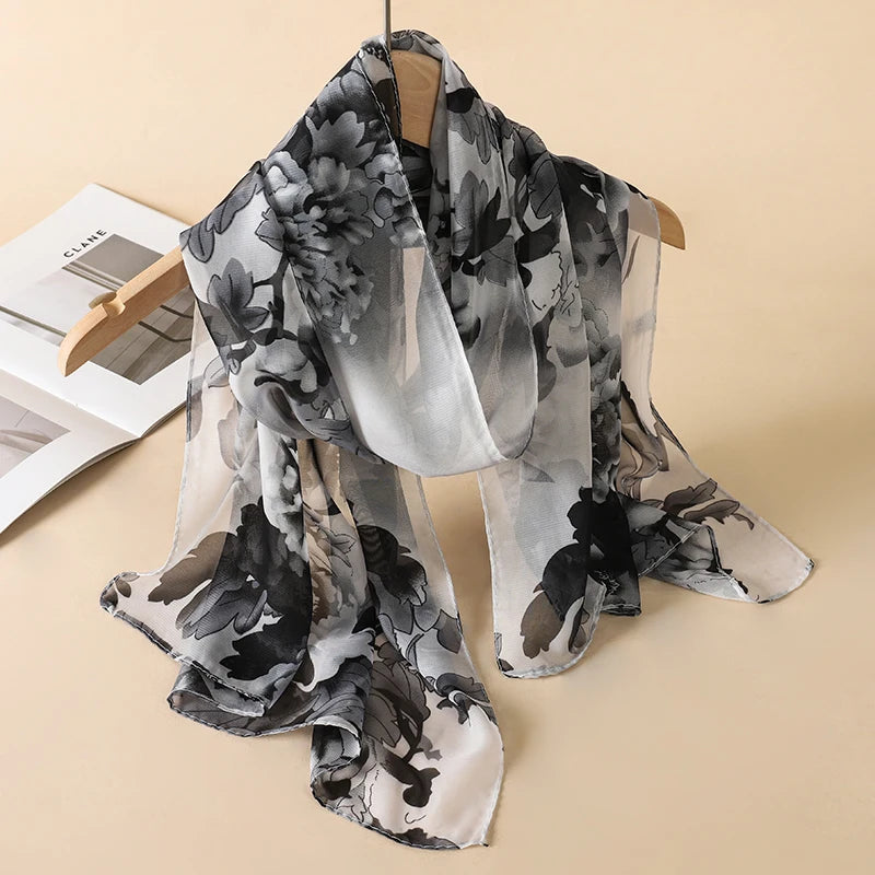 Thin Soft Chiffon Scarves Women Floral Print Silky Scarf