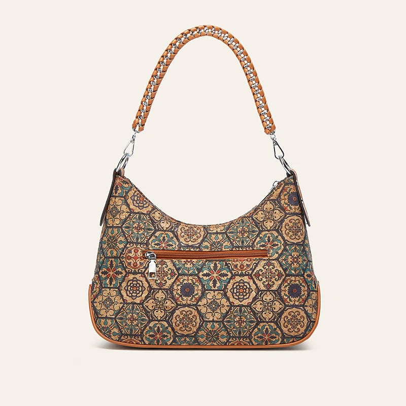 Crossbody Cork Leather Patchwork PU National Printing Half Moon Shoulder Bag