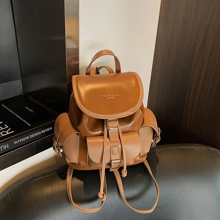 Vintage Black & Brown Leather Backpack Drawstring Flap Design with Side Pockets