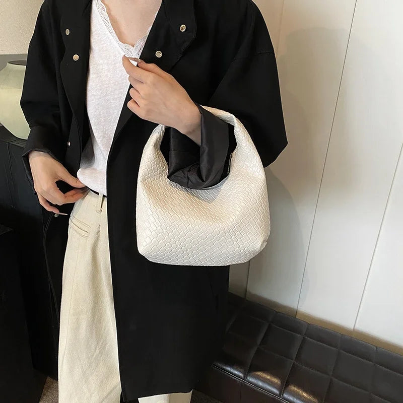 Classic Fashion Woven Embossed Soft PU Leather Small Top Handle Shoulder Bag