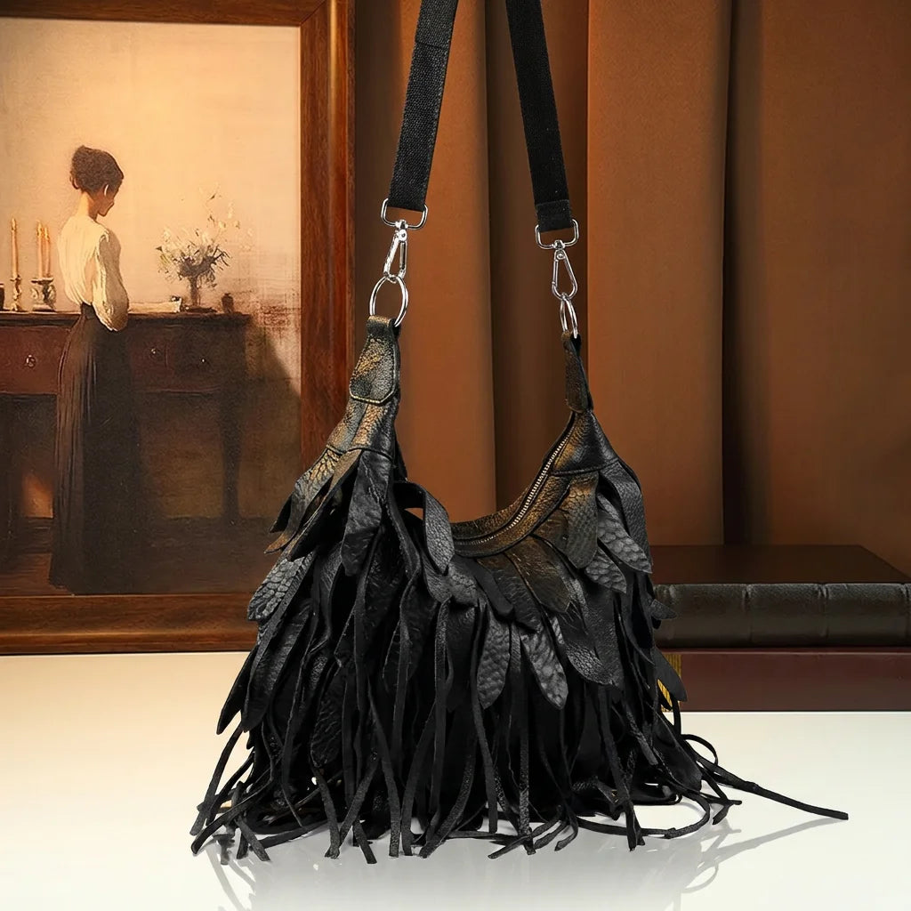 Vintage Patchwork Fringe Hobo Bag Genuine Leather Tassel Bag