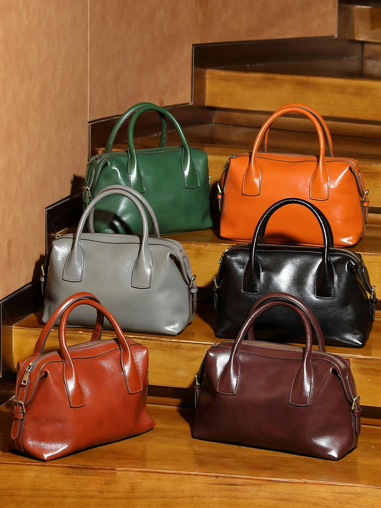 Vintage Green Genuine Leather Top-handle Bag For Women Boston Bag Shoulder Handbag