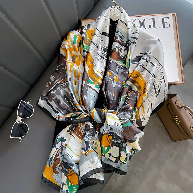 180*90cm Large Silk Satin Scarf Hijab Women Print Shawl