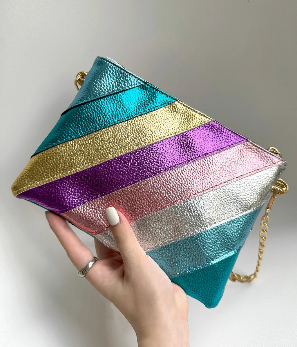 Metallic Color Stripes PU Leather Handbag Women's Square Clutch