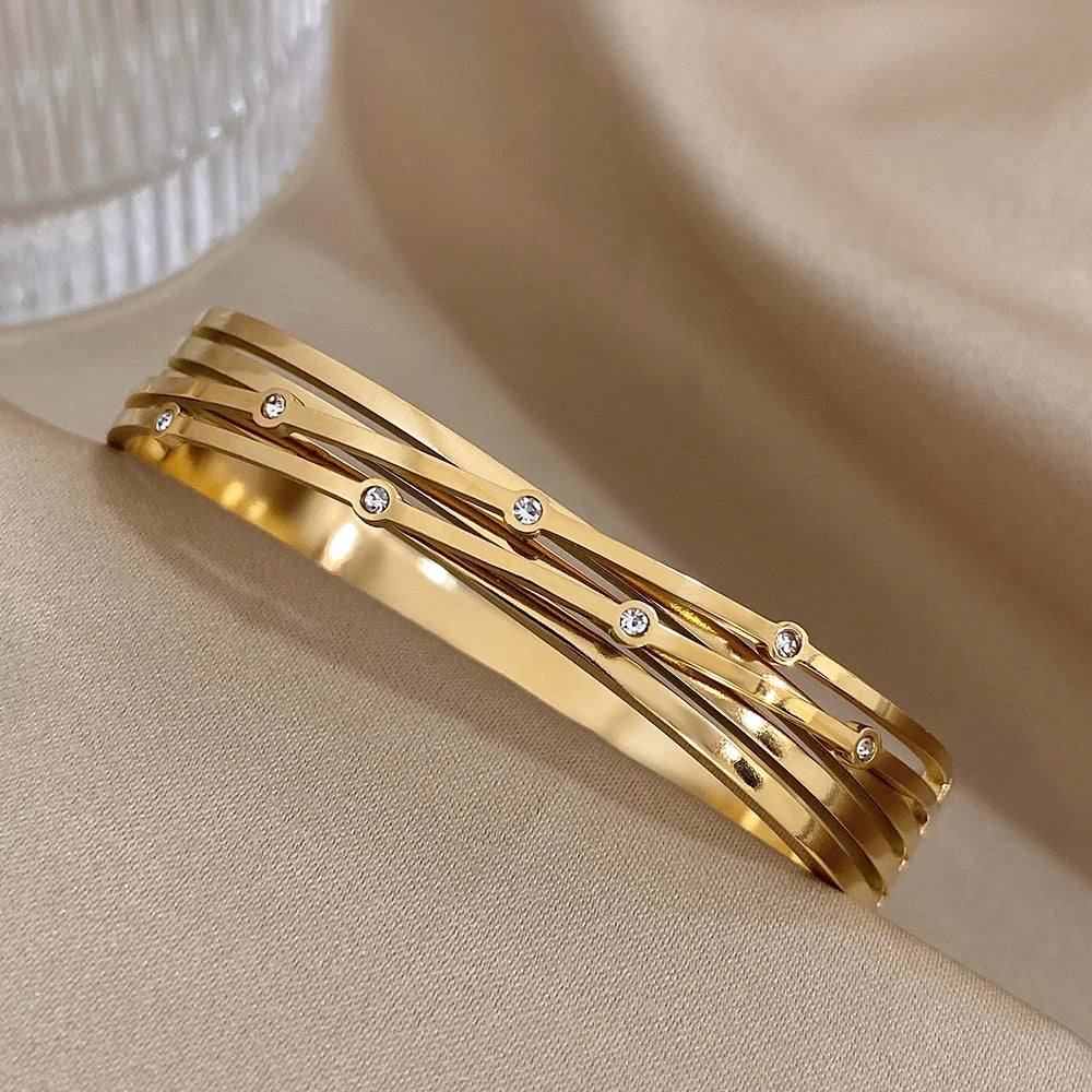 Trendy Inlaid Rhinestone Stainless Steel Geometric Cross Cuff Bangles Bracelets