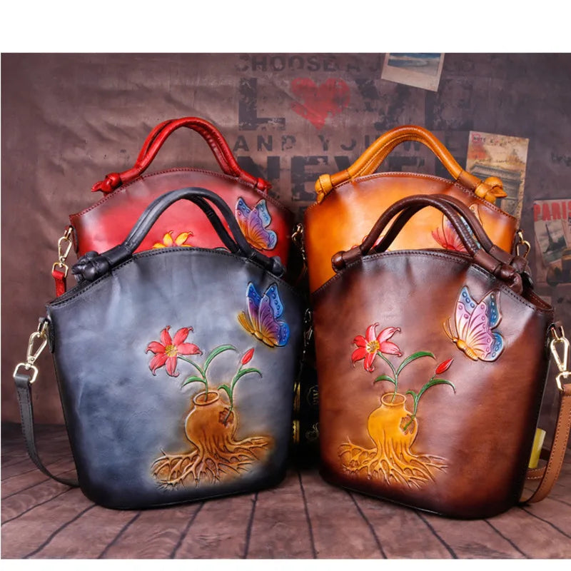 Leather Embossed Hand Brushed Oblique Bucket Bag