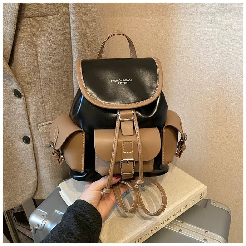 Vintage Black & Brown Leather Backpack Drawstring Flap Design with Side Pockets