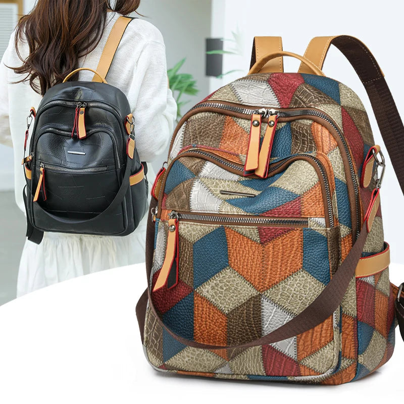 Vintage PU Leather Backpack for Women Large Capacity Travel Rucksack Fashionable