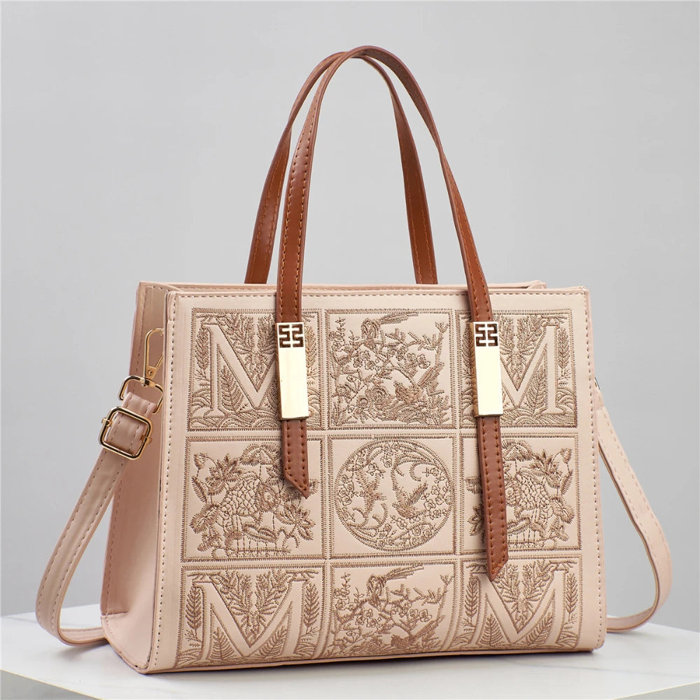 Embroidered Fashionable Handbag Square Single Shoulder PU Leather Crossbody Bag
