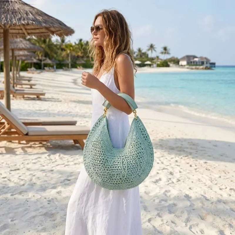 Straw Woven Crescent Hollow Design Large Capacity Bag