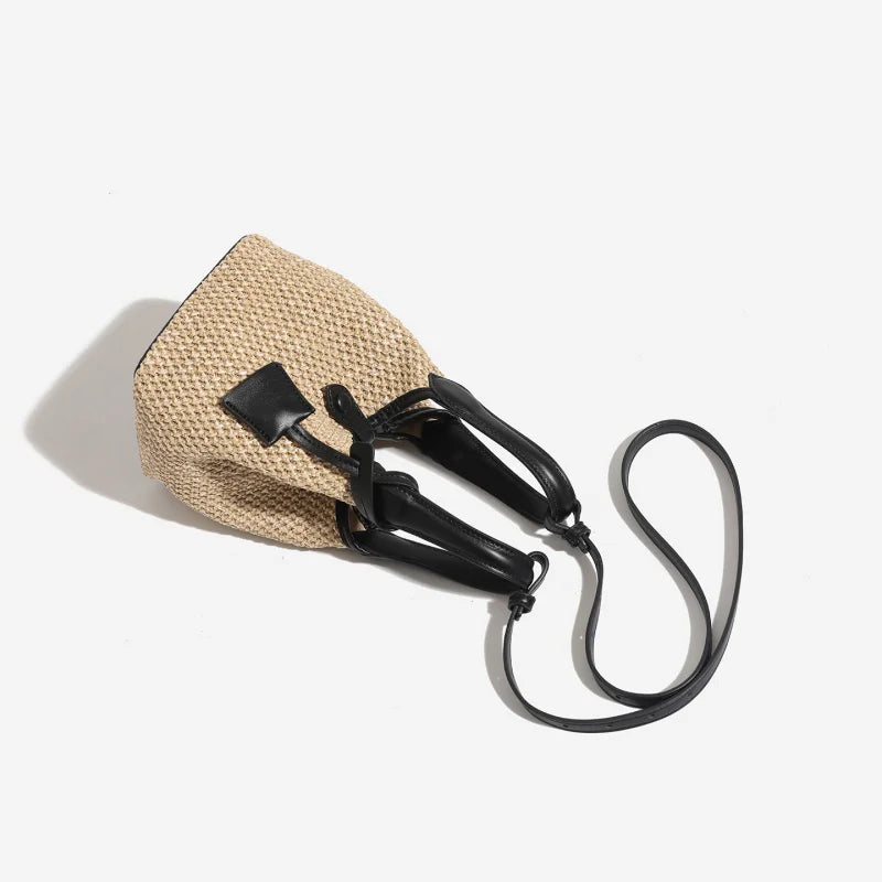 Straw Woven Bucket Bag Leather Handle Crossbody Bag