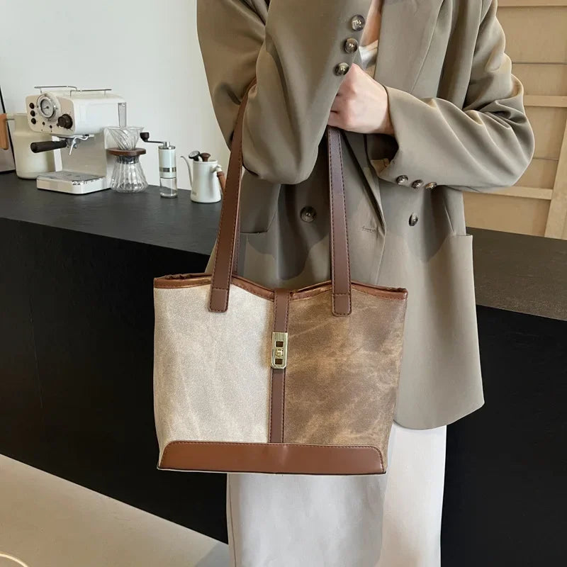 Vintage Shoulder Bag Fashion Patchwork Leather Ladies Tote Bags Large Capacity