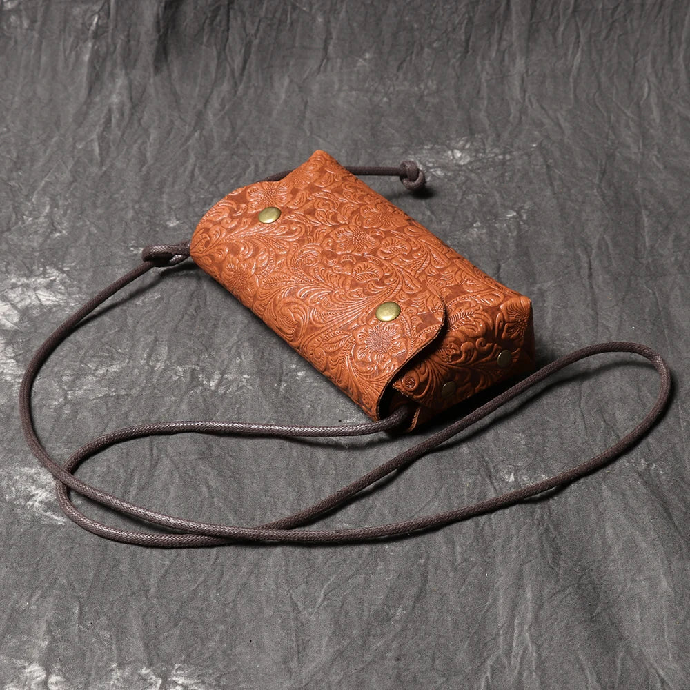 Stylish Genuine Leather Bag 3D Carved Craft Shoulder Bag Cowhide Phone Bag