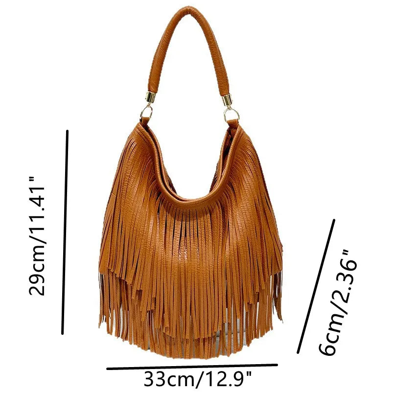 Large Capacity Tassel Shoulder Bags Leather Vintage Shoulder Crossbody Bags For Women