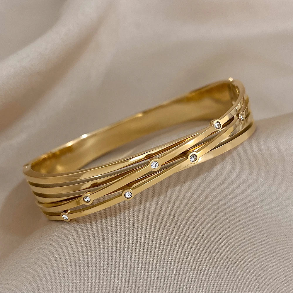 Trendy Inlaid Rhinestone Stainless Steel Geometric Cross Cuff Bangles Bracelets