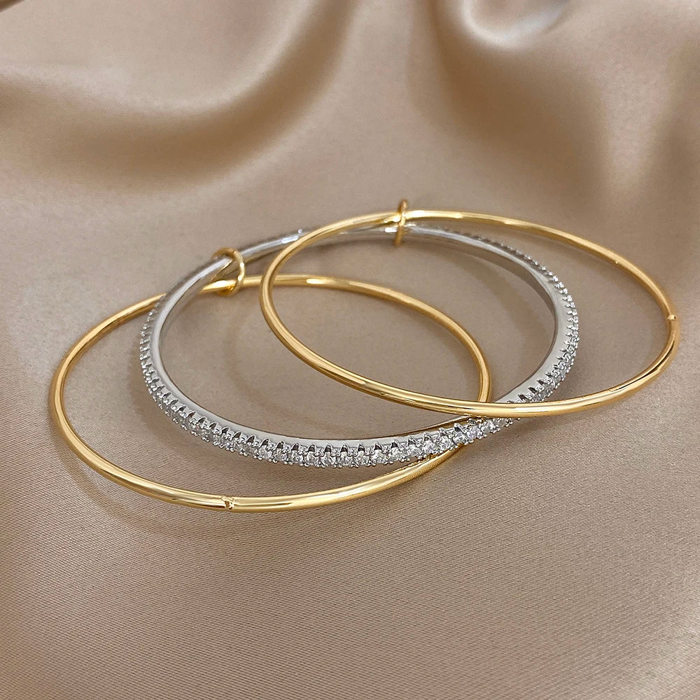 3pcs Two Tone Full Rhinestone Smooth Bangle Bracelets for Women