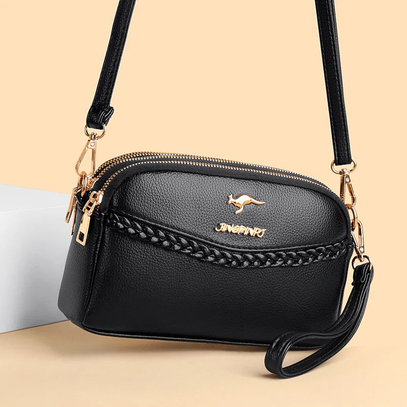 Chic Pu Leather Crossbody Bag Three Layer Zipper Stylish Braid Detail Phone Bag