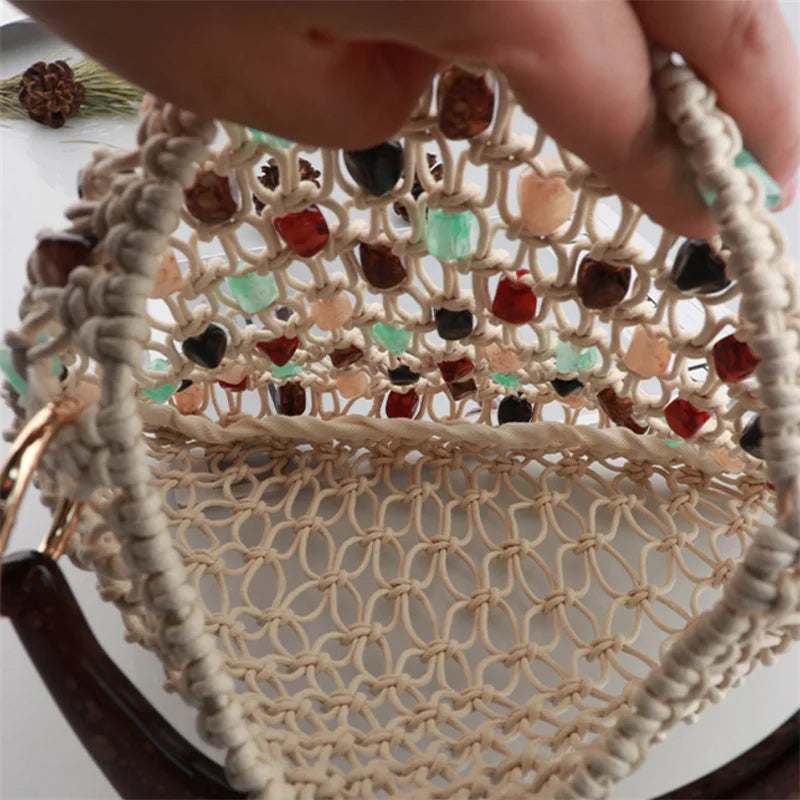 Hand-woven Beaded Tote Wooden Handle Knitted Bag