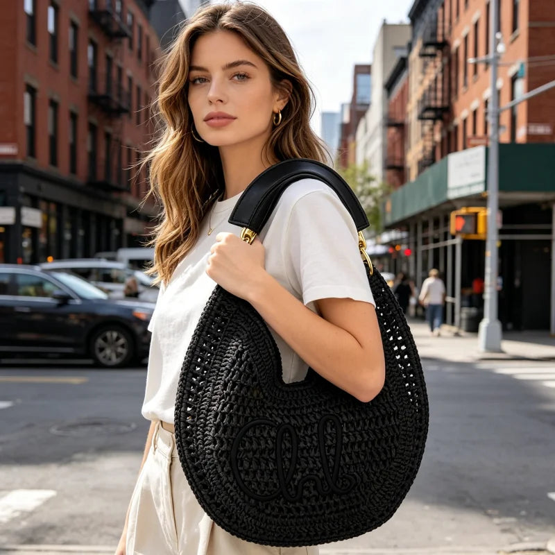 Straw Woven Crescent Hollow Design Large Capacity Bag