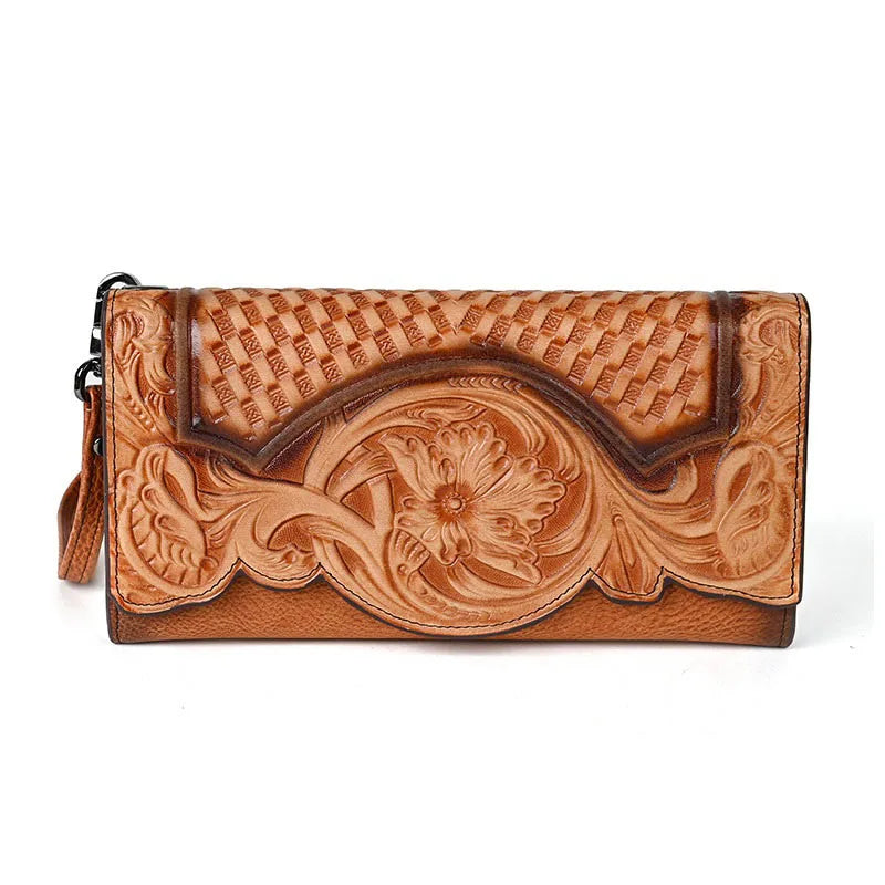 Floral Genuine Leather Wallet Women Handmade Clutch Bag