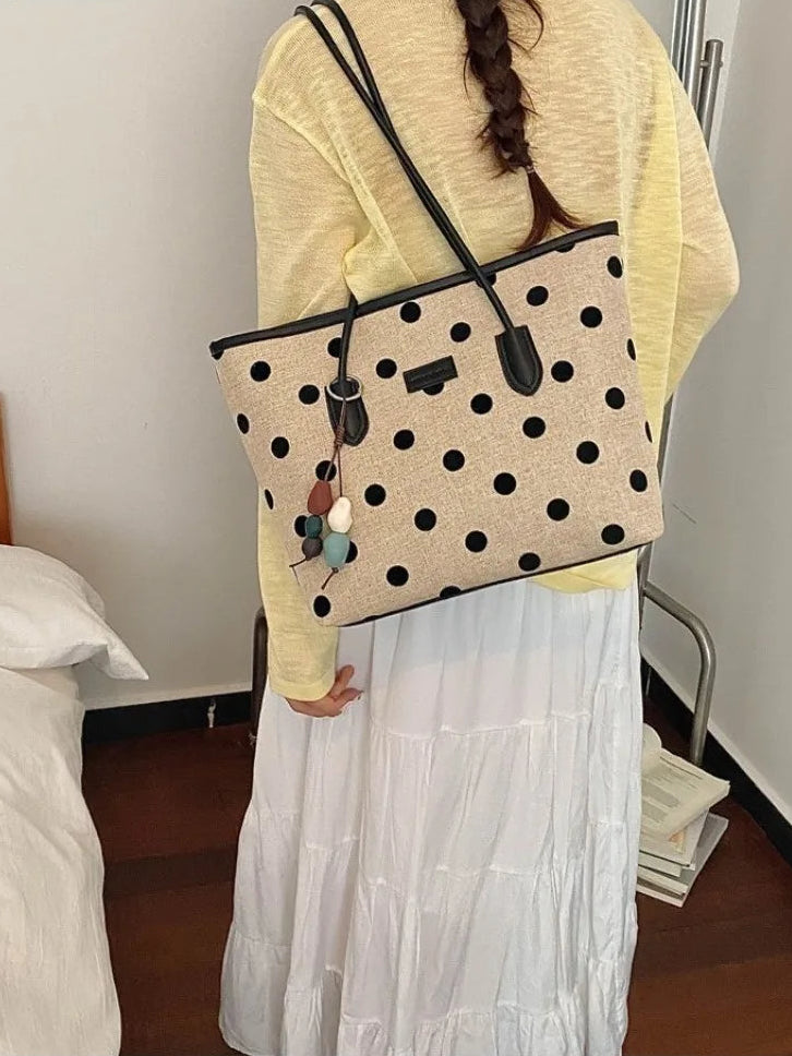 Big Polka Dot Woven Canvas Spliced PU Large Tote Bag