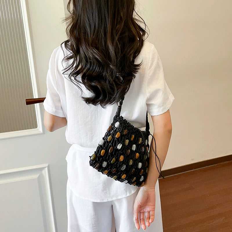 Beaded Crochet Mesh Tote Handmade Woven Hollow Out Bag