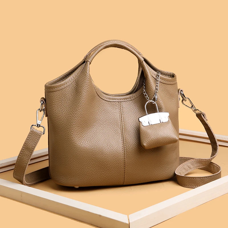100% Cowhide Bag Casual Women Hobos Handbags Bucket Bags
