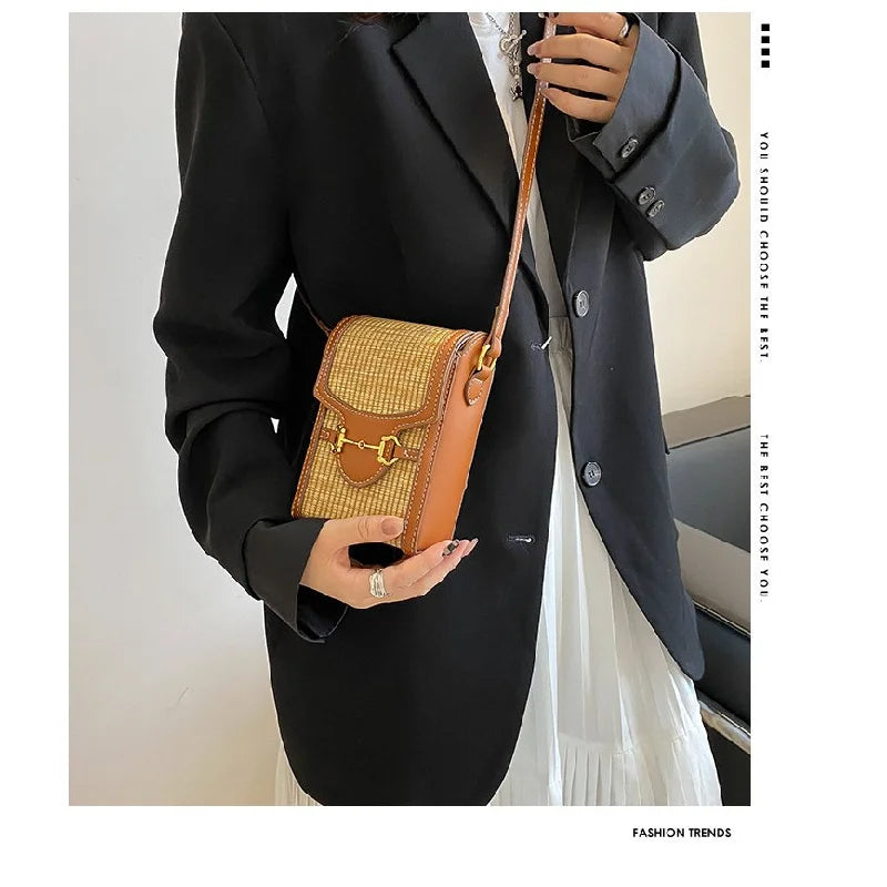 Elegant Women's Crossbody-Bag Crafted From Grid-Printed Leather Vintage Bag Style