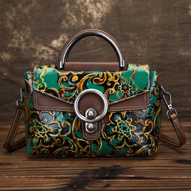 Floral Genuine Leather Tote Bag Vintage Shoulder Handbag