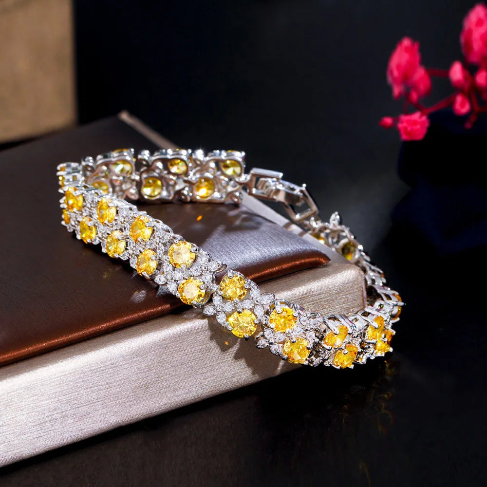 Luxury Shiny Yellow Cubic Zirconia Leaf Flower Shape Bracelet Fashion Jewelry