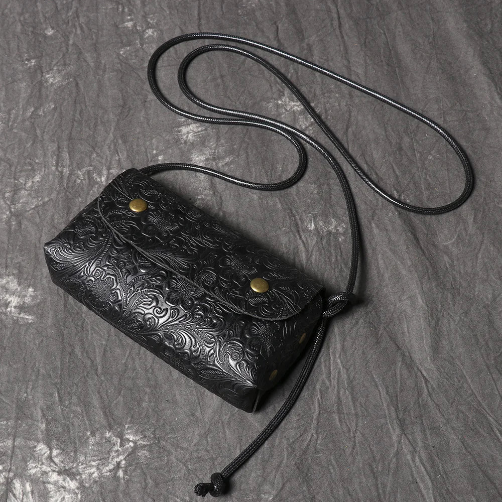 Stylish Genuine Leather Bag 3D Carved Craft Shoulder Bag Cowhide Phone Bag