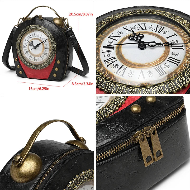 Retro Handbag Quirky Small Round Bag with Creative Clock