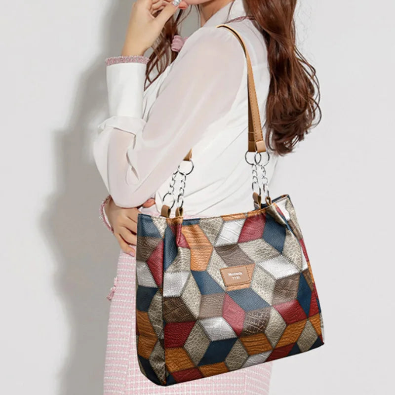 Fashion Contrast Color Large Capacity Female Tote Bag PU Leather Shoulder Bag