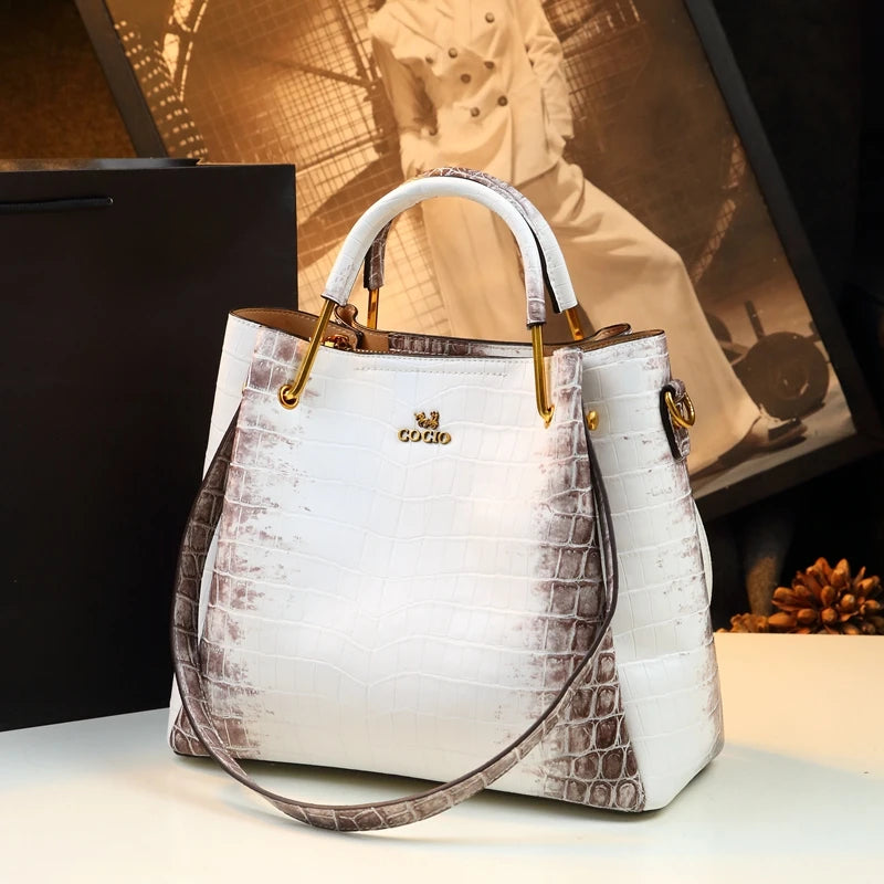 White Crocodile Pattern Leather Handbag Bucket Bag