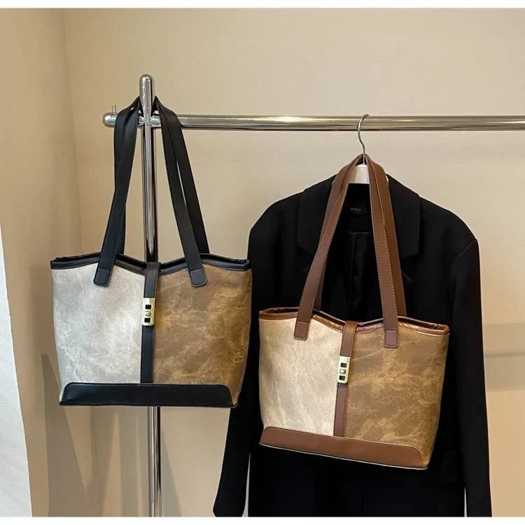 Vintage Shoulder Bag Fashion Patchwork Leather Ladies Tote Bags Large Capacity