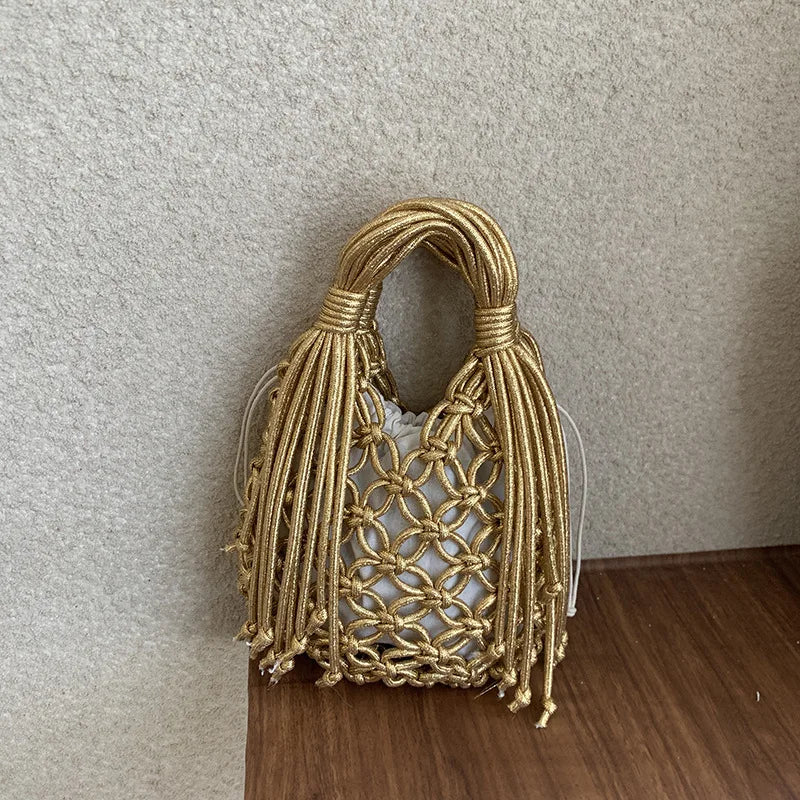 Handwoven Macrame Shoulder Bags Wood Beads & Tassel