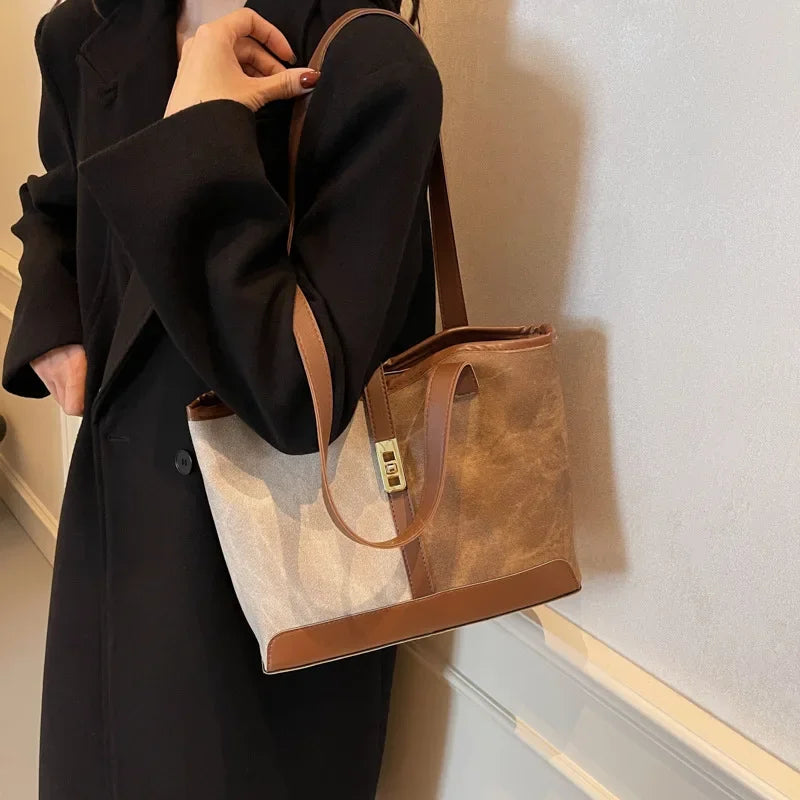 Vintage Shoulder Bag Fashion Patchwork Leather Ladies Tote Bags Large Capacity