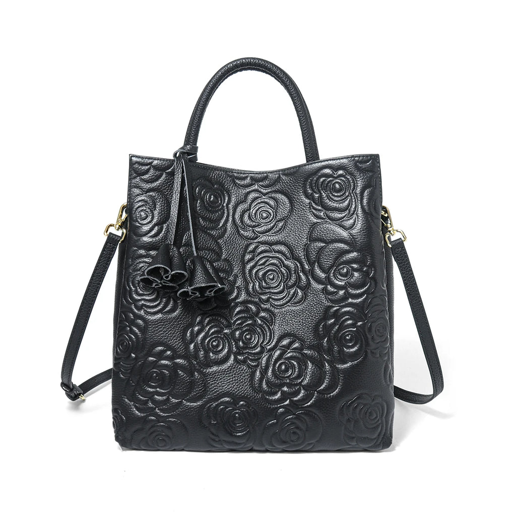 Genuine Leather Handbag Large Capacity Tote Crossbody Bag Rose Pattern Sac