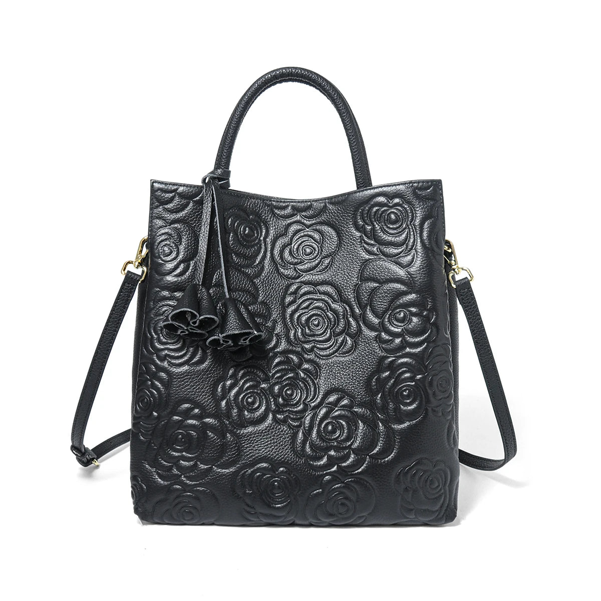 Genuine Leather Handbag Large Capacity Tote Crossbody Bag Rose Pattern Sac