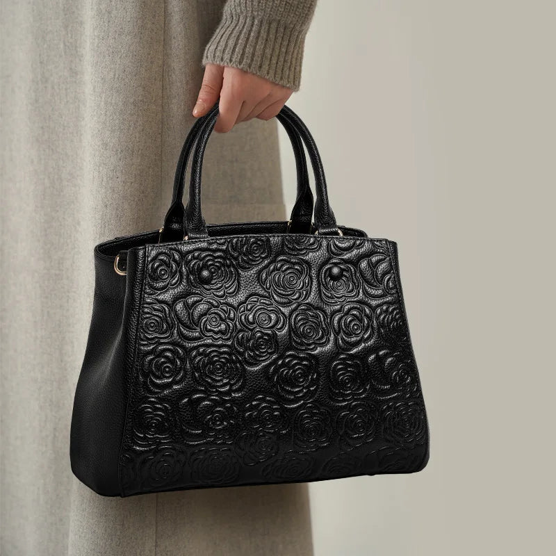 Leather high-sense handbag top layer leather rose pattern slung shoulder bag
