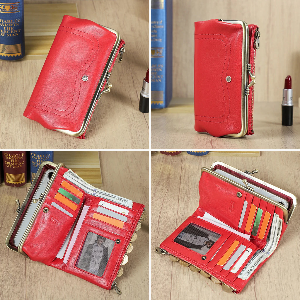 Genuine Leather Kiss Lock Long Wallets for Women Metal Frame Female Purse Card Holder