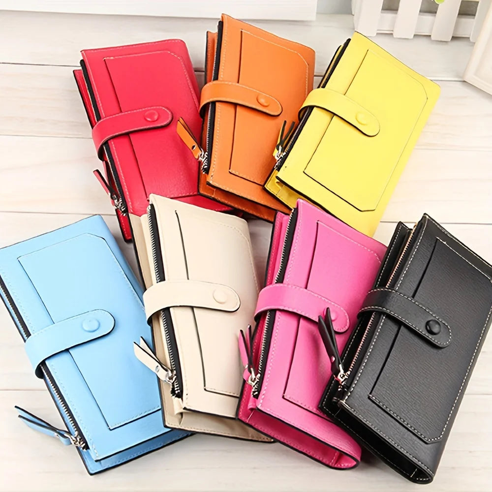 Women PU Leather Wallet Bifold Clutch Large Capacity Card Organizer Buckle Long Purse