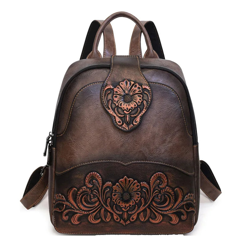 Vintage Embossing Women Backpacks Large Capacity Print Patchwork Travel Backpack