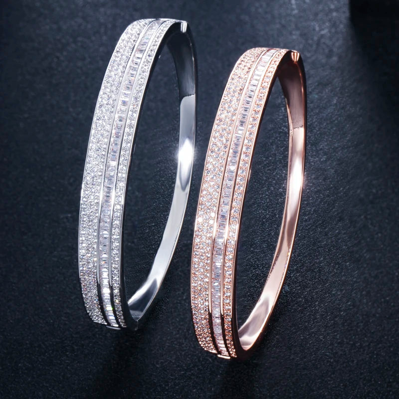 Sparkling Cubic Zirconia Rose Gold Color Big Round Circle Cuff Bangles Luxury Jewelry